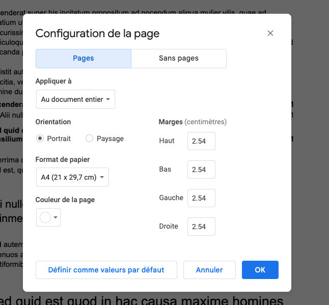 modifier les marges dans Google Documents dans le menu Configuraiton de la page