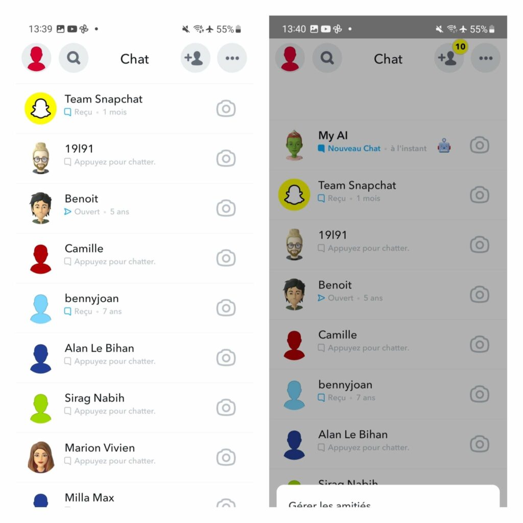 Capture d'écran de l'écran de chat Snapchat montrant des conversations récentes avec différents contacts, permettant de vérifier la présence ou l'absence d'une conversation avec la personne en question et savoir si on est bloqué sur Snap