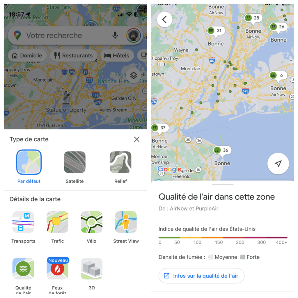 capture d’écran de google maps pour mesurer la qualité de l'air