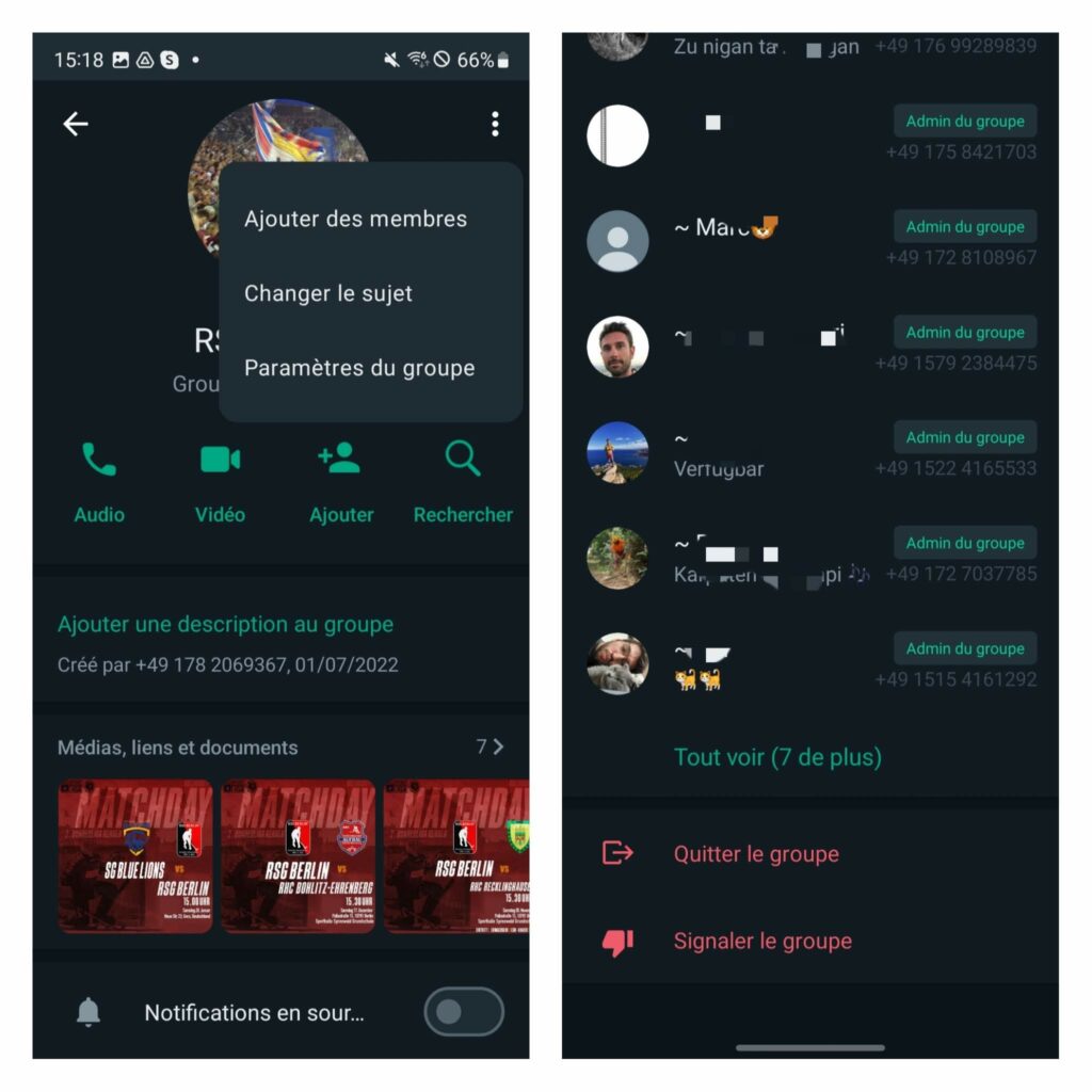 capture d'écran de whatsapp montrant comment supprimer un groupe