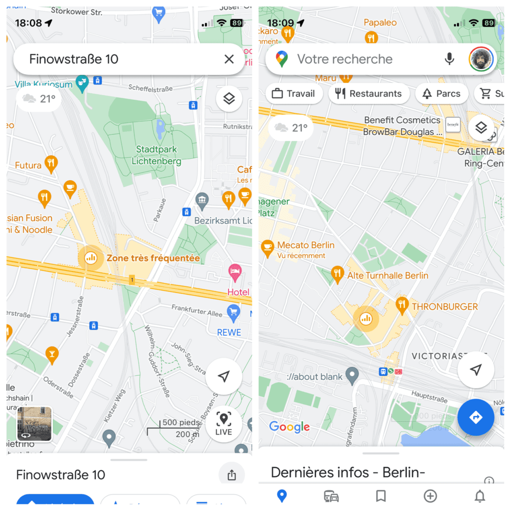 capture d'écran de google maps sur iOS montrant ce qu'est une "zone très fréquentée"