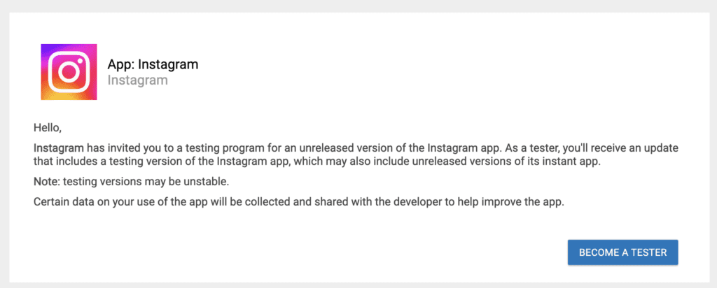 capture d’écran pour devenir beta testeur sur instagram, ce qui peut aider à avoir la dernière mise à jour