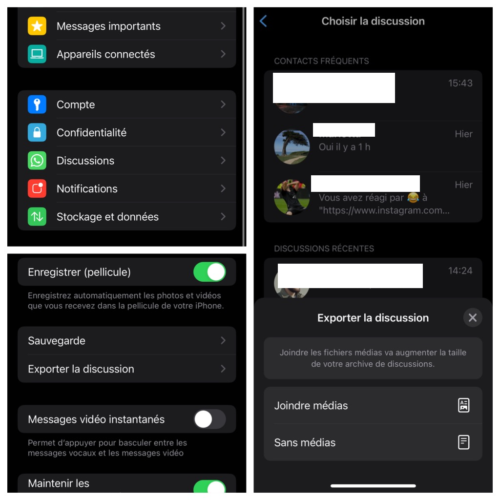 capture écran de whatsapp montrant comment exporter vos messages WhatsApp sur PC depuis un iPhone